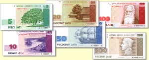 Le banconote in lats da diversi tagli in vigore fino al 2013